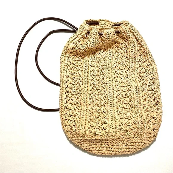 Zara Woven Raffia Straw Drawstring Backpack Tote Bag Neutral - Picture 3 of 15